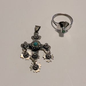 Sterling 925, cross pendent and ring & turquoise
